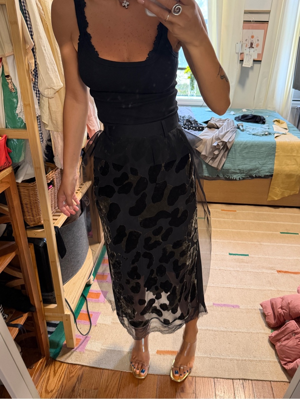 Authentic Sacai Black Sheer Velvet-Overlay Midi Skirt, Size XS